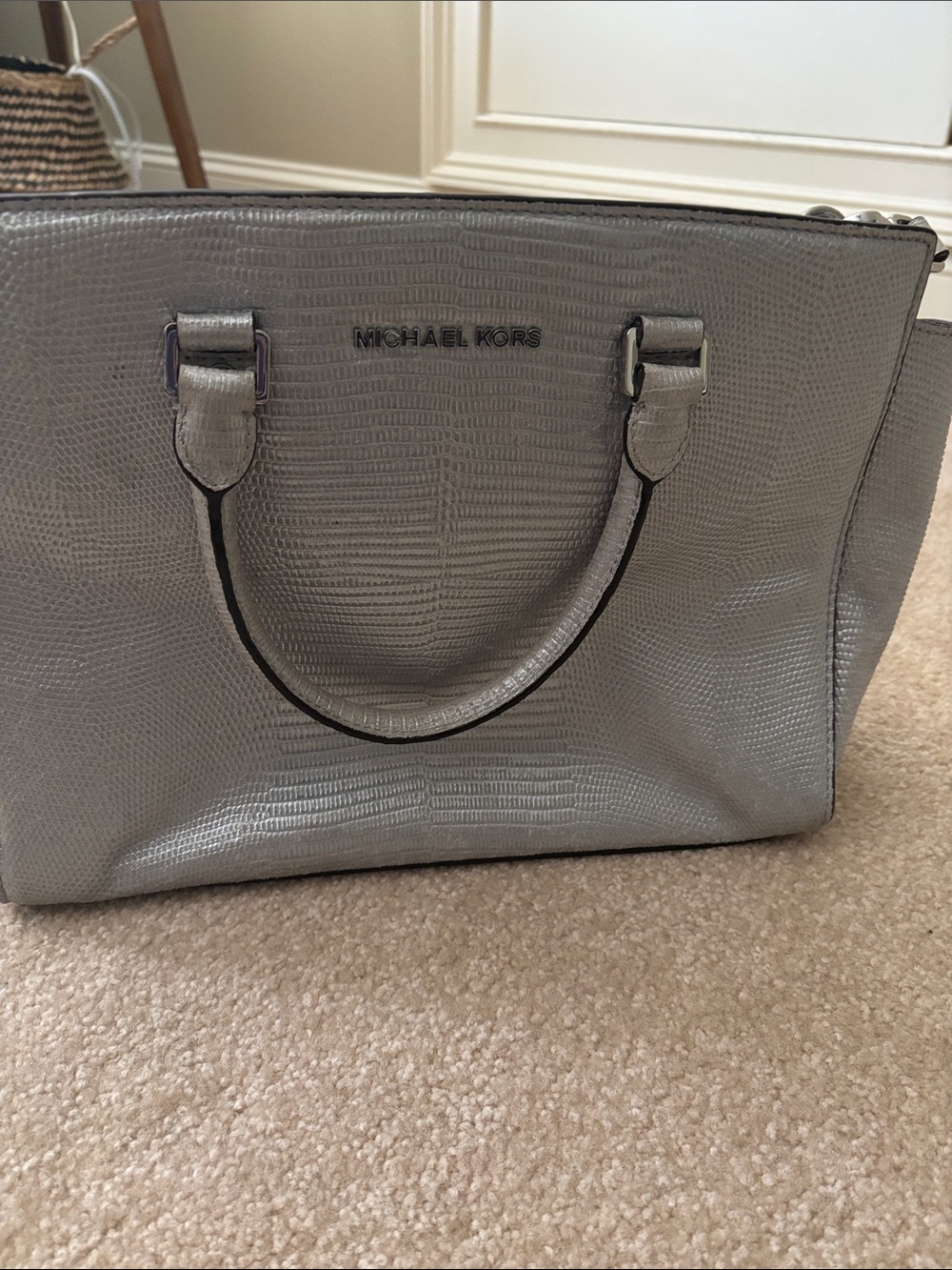 Michael Kors Metallic Silver Lizard-Embossed Tote